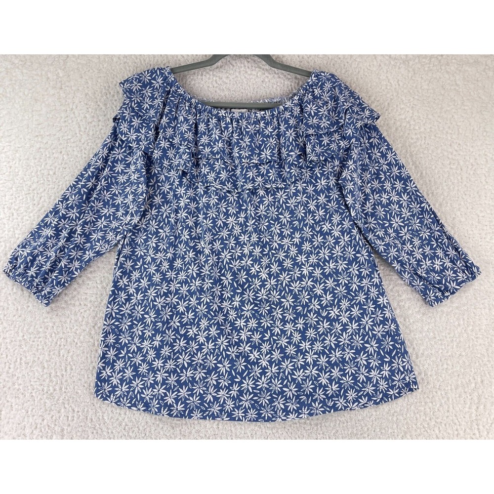 J. Jill Blue Floral Print Off the Shoulder Shirt‎ Womens Long Sleeve Size Large